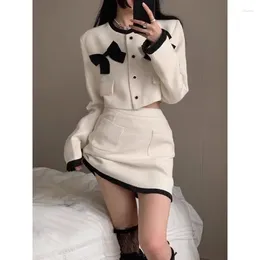 Work Dresses Temperament Fashion Top Skirt Two Piece Set Women O-Neck Bow Splice Single Breasted Solid Korean Gentle Slim Chic Spring Suit