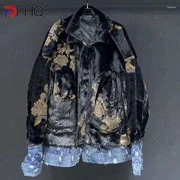 Men's Jackets PFHQ Print Fur Male Heavy Industry Warmth Denim Patchwork Worn Out Zippers Creativity Advanced Coat Autumn 21Z4270