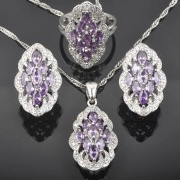 Necklaces 2020 New Silver Color Jewelry Sets Women's Natural Purple Crystal Earrings Necklace Set Pendant Rings QZ0506