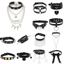 Necklaces New Harajuku Black Goth Punk Leather Choker Necklaces Women Men Rock Metal Emo Festival Cosplay Party Jewellery Gothic Accessories