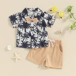 Clothing Sets Toddler Baby Boy Summer Clothes Tropical Tree Print Short Sleeve Button Down Shirt With Bowtie Solid Colour Shorts Set Hawaiian