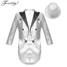 Clothing Sets Kids Boys Long Sleeve Sequin Tailcoat Blazer With Hat Jazz Dance Performance Outfit Carnival Circus Magic Show Cosplay Costume