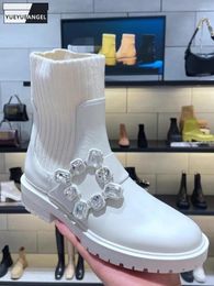 Boots Fashion Spring Autunb Women Short Round Toe Slip-On Diamonds Genuine Leather High Top Shoes Punk Female Ankle