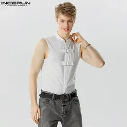 Men's Tank Tops INCERUN 2024 Chinoiserie Style Solid Comfortable Stand Neck Button Vests Casual Streetwear Simple Waistcoat S-5XL