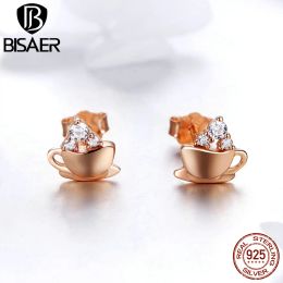 Earrings BISAER 100% 925 Sterling Silver Coffee Cup Exquisite Women Stud Earrings High Tea Shape Fashion Earrings Silver Jewellery ECE592