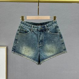 Women's Jeans Denim Shorts 2024 Summer High Waist Slim Fit Slimming Ins European Style Rhinestone Wide Leg Pants Y2k