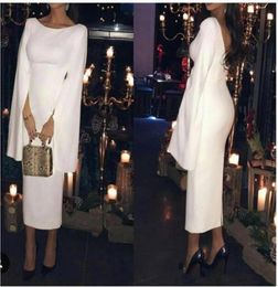 Unique Design White Satin Evening Dresses with Cape Tea Length Short Backless Formal Evening Gown Cocktail Prom Party Dress8641802