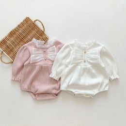 One-Pieces Sweet Newborn Baby Girl Solid Striped Flower Dimensional Bodysuit Kid Fashion Bow Pearl Buttons Cotton Jumpsuit Cute Outfits