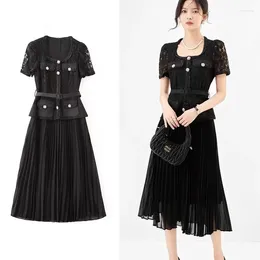 Party Dresses Runway Elegant Summer Pleated Midi Dress Vintage Women Weave Square Collar Lace Patchwork Chiffon Buttons Belt Vestido