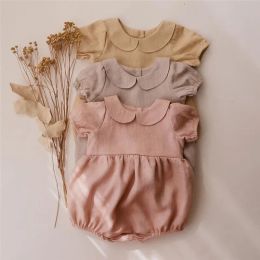 One-Pieces Cute Petal Collar Princess Girls Romper Cottom Linen Short Sleeve Newborn Baby Bodysuit for Toddler Pyjamas Girls Clothing Set