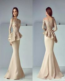 Champagne Lace Stain Peplum Mermaid Evening Dresses Sheer Neck Long Sleeves Dubai Arabic Prom Dresses Evening Wear Custom Made8503740