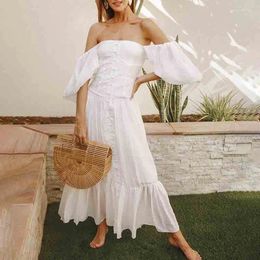 Party Dresses AYUALIN Sexy Off The Shoulder Summer Dress For Women Vintage White Solid Puff Sleeve Maxi Boho Vestidos 2024 Robe