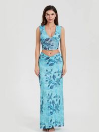 Casual Dresses DeuYeng Women S Long Skirt Set Summer 2 Piece Outfits Floral Print V-Neck Tank Tops High Waist Sets Clubwear