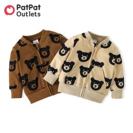 Coats PatPat Newborn Baby Boy Clothes Girl Sweatshirt Children Allover Cartoon Bear Print Longsleeve Zip Jacket for Kids Gifts