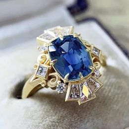 Bands Huitan Geometric Navy Blue Cubic Zirconia Rings Women for Wedding Anniversary Party Trendy Luxury Lady's Accessories Fancy Gift