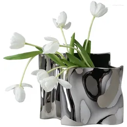 Vases Ceramic Silver Plated Vase Advanced Flower Sensor Living Room Wide Mouth Irregular Arrangement