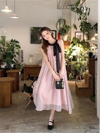 Casual Dresses Contrast Halter Lace Up Mini Dress Sweet Ruffles Sleeveless A Line Loose Korean Princess Style Pullover