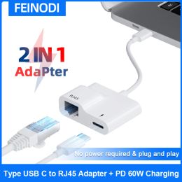 Hubs Type USB C to Ethernet RJ45 Adapter with PD 60W Charge 10/100Mbps LAN Network Hub for MacBook Pro/Air iPad Pro Xiaomi and More