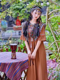 Ethnic Clothing 2024 Chinese Travel Exotic Style Pography Costume Women Dress Half Sleeve Elegant Loose National Long T001