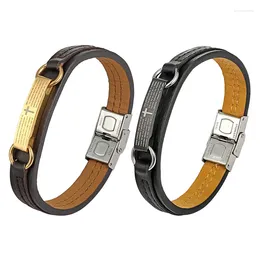 Link Bracelets Charm Men Leather Bracelet Stainless Steel Bangle Pulseira Masculina Vintage Handmade Jewellery Accessories Wristband Gift