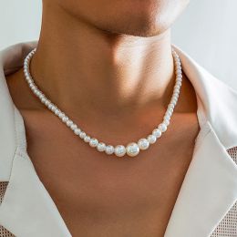 Necklaces White Imitation Pearl Beads Short Choker Necklace for Men Trendy Beaded Chain on Neck Collar 2023 Fashion Jewelry Accessories