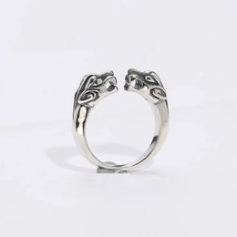 6mm Width Real Silver Retro Double Tiger Heads Open Ring For Woman Man S925 Resizable Spirit Rings Jewellery Gift 240420