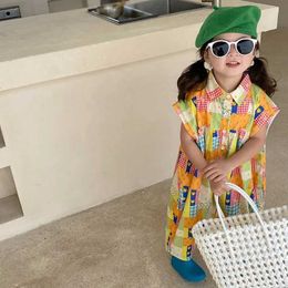Rompers Summer Girls Shirt Collar Shoulder Sleeve Plaid Printed Small Fresh Jumpsuit ChildrenS Short Casual Wide Leg H240423