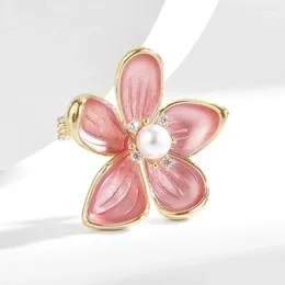 Brooches Simple Pink Enamel Flower Brooch For Women Imitation Pearl Zircon Corsage Coat Dress Safety Metal Pins Valentine's Day Gift