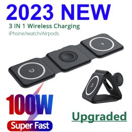 Chargers 100W 3 in 1 Magnetic Portable Wireless Charger for iPhone 14 13 12 15 XR Pro Max Apple Watch AirPods Fast Charging Dock Station