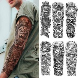 Tattoos Large Arm Sleeve Tattoo Lion Crown King Rose Waterproof Temporary Tatoo Sticker Wild Wolf Tiger Men Full Skull Totem Fake Tatto