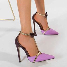 Dress Shoes Temperament Pointed Thin High Heels Sandals Women 2024 New Sweet Bow Ankle Buckle Strap Stiletto T-shaped Cover Heel Party Shoe H240423