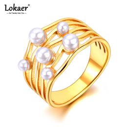 Bands Lokaer Stainless Steel Trendy Simulated Pearl Ring For Women Gold Plated Wedding Engagement Waterproof Jewelry anillos R23086