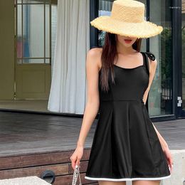 Women's Swimwear Sexy Skirt One Piece Swimsuit Women Solid Black Double Shoulder Straps Monokini Bandeau Beach Bathing Suit