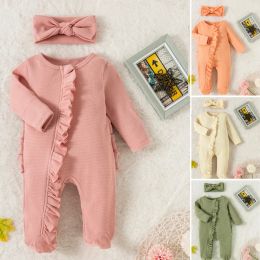 One-Pieces Autumn Winter Newborn Baby Girl Ruffle Romper with Headband Long Sleeve Cotton Jumpsuit Zipper Baby Toddler Boy Waffle Clothes