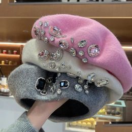 Stingy Brim Hats Drop French Beret Thick Rhinestone Decor Brimless Thermal Wool Artist Style Painter Hat Women Headwear 240419 Deliver Dhvbt