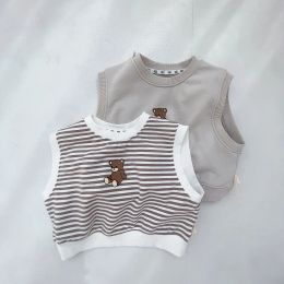 Coats Baby Boy Simple Striped Pullover Vest Toddler Girl Cute Bear Allmatch Sleeveless Tops Autumn New Casual Cotton Jacket