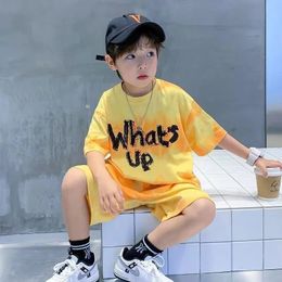 Children Boys Clothes Gradient Color TShirt Loose Shorts 2 Pieces Set Teenage Graffiti Tracksuit Street Style Letter Outfit 240407