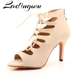 Dance Shoes Ladingwu Beige Suede High-top Boots Women Latin Girls Salsa Ballroom Performance