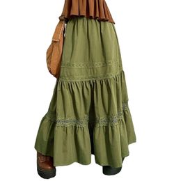 90s Vintage Green Pleated Skirts Korean Fashion Holiday Boho High Waist Long Skirts Retro Y2K Fairycore Cute Lace Trim Clothes 240421
