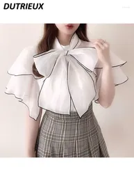 Women's Blouses Summer Girls Short Sleeve Tops 2024 Japanese Style Sweet Bow Lace-up Detachable Blouse White All-matching Ruffled Shirt