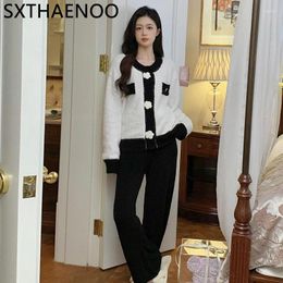 Women's Sleepwear SXTHAENOO Women Thickened Warm Pyjamas Set Black And White Double Colour Fashion Winter Long Sleeve Top Pants 2 Pieces