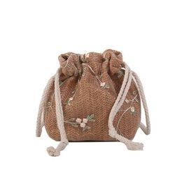 Woven bag female new fashion lace Joker ins drawstring bucket bag shoulder slung straw bag Top quality Fashion Bags