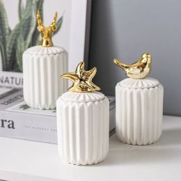 Bins Nordic Ceramic Cotton Swab Storage Box Creative Toothpick Organizer With Small Animal Plating Lid Jewelry Box Sealed Candy Jar