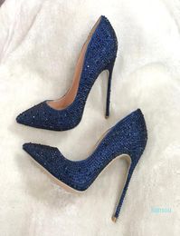 lady dark blue navy crystal pointed toe high heels shoes pumps Rhinestone Stiletto Heel7485837