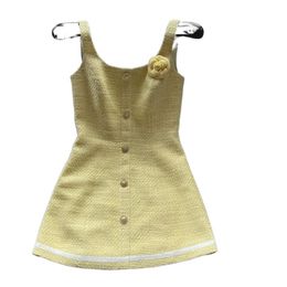 Women's sleeveless tweed flower mosaic yellow Colour slim waist casual desinger dress SML