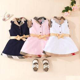 Rompers Baby Girls Plaid Dresses Cotton Newborn Sleeveless Vest Dress With Bowknot Turn-Down Collar Infant Princess Toddler Skirts Gir Otpfm