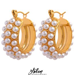 Earrings Yhpup Tarnish Free Elegant Imitation Pearls Stainless Steel 18K Plated Round Huggie Hoop Earrings Golden Charm Jewelry for Women