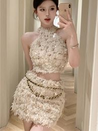 Elegant Fashion Small Fragrance Sequins Two Piece Set Women Halter Top Chain Skirt Sets Summer Tweed Sweet 2 Piece Suits 240415