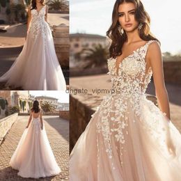 naviblue dolly v neck beach wedding dresses sexy backless 3d floral appliqued lace bridal gowns sweep train tulle vestido de novia