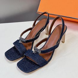 Summer Jeans Fabric Sandals Women Shoes Buckle Strap High Heels Luxury Designer Brand Pumps